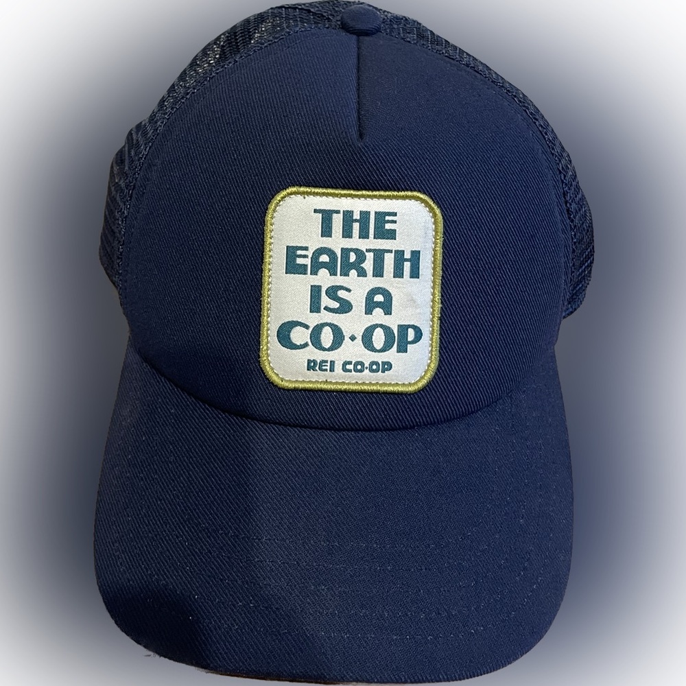 REI Co-op Navy Blue Snapback Mesh Foam Trucker Hat Cap The Earth Is A CO-OP